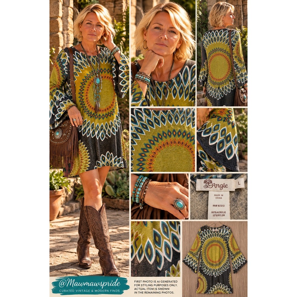 Vintage 90s Y2K Angie Boho Medallion Tunic Dress L Bell Sleeve Art to Wear